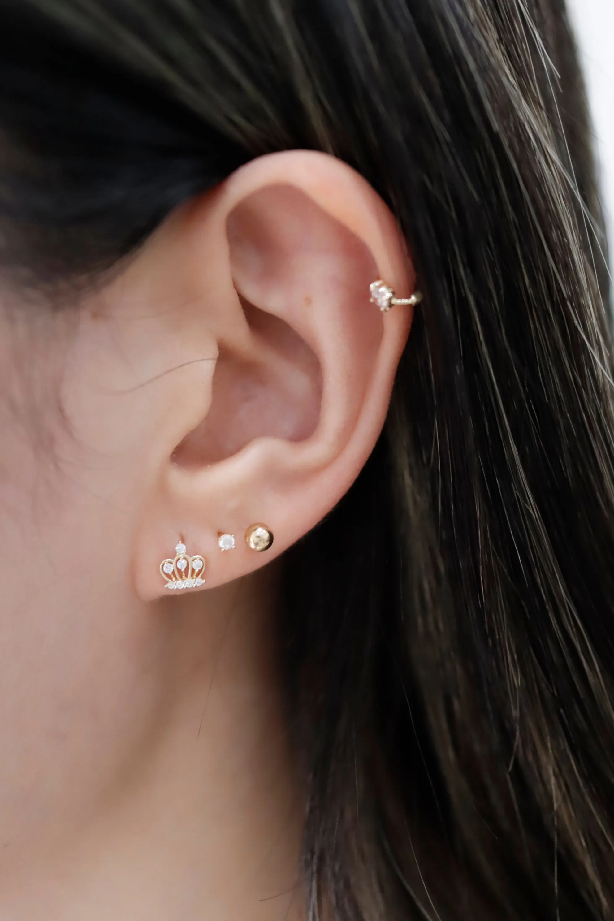 14K Solid Yellow Gold CZ Crown Screw Back Stud Earring