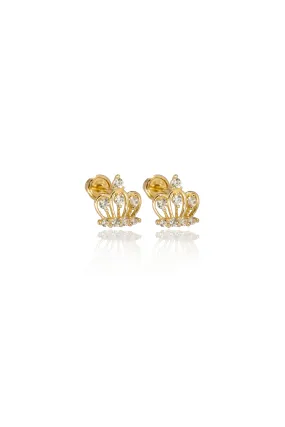 14K Solid Yellow Gold CZ Crown Screw Back Stud Earring