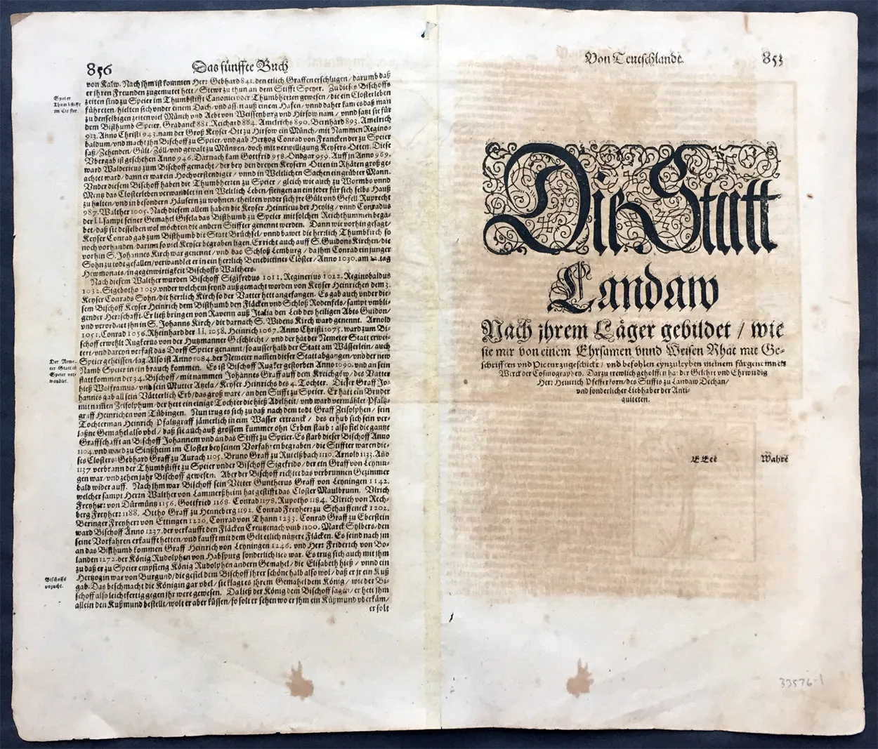 1598 Munster Antique Map a View of the German City of Landau, Munich, Bavaria