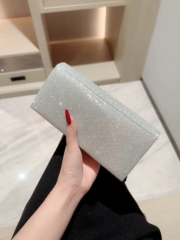 Apricot Silver Polyester Solid Color Rhinestone Square Evening Bags