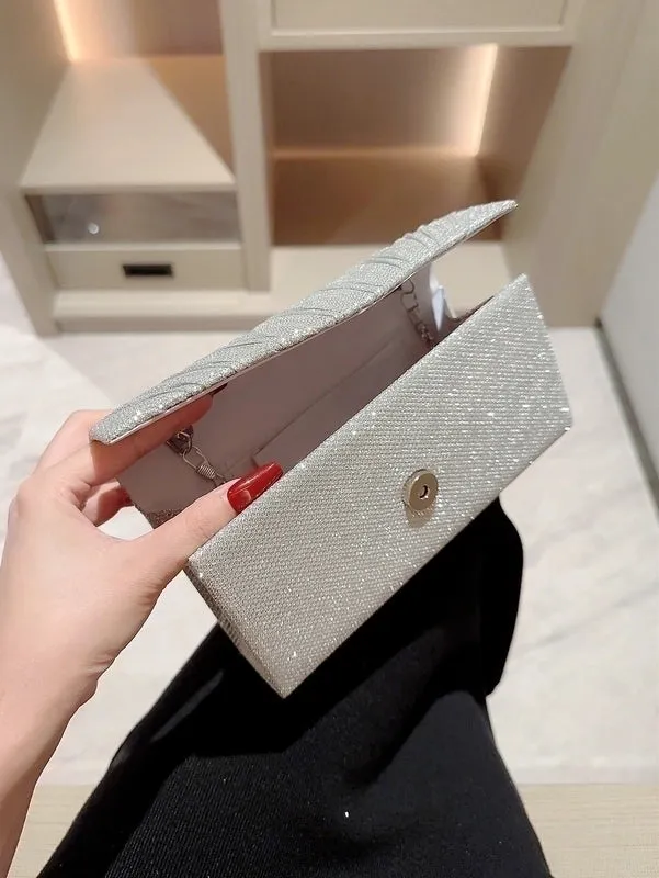 Apricot Silver Polyester Solid Color Rhinestone Square Evening Bags