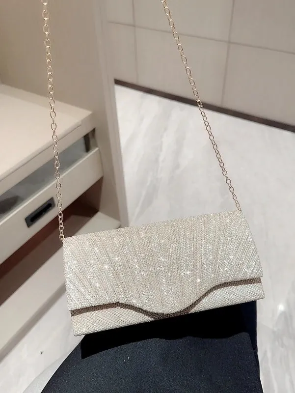 Apricot Silver Polyester Solid Color Rhinestone Square Evening Bags