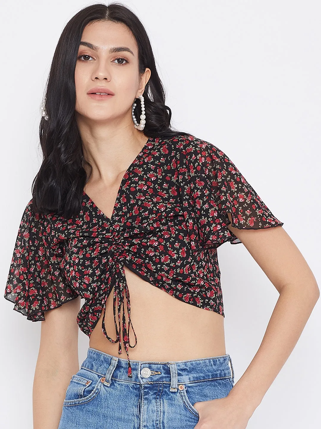 Berrylush Women Navy Blue & Red Floral Printed V-Neck Front Tie-Up Gathered Crop Top