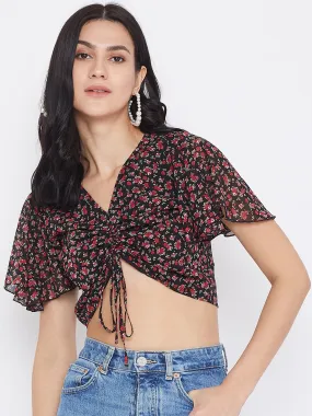 Berrylush Women Navy Blue & Red Floral Printed V-Neck Front Tie-Up Gathered Crop Top