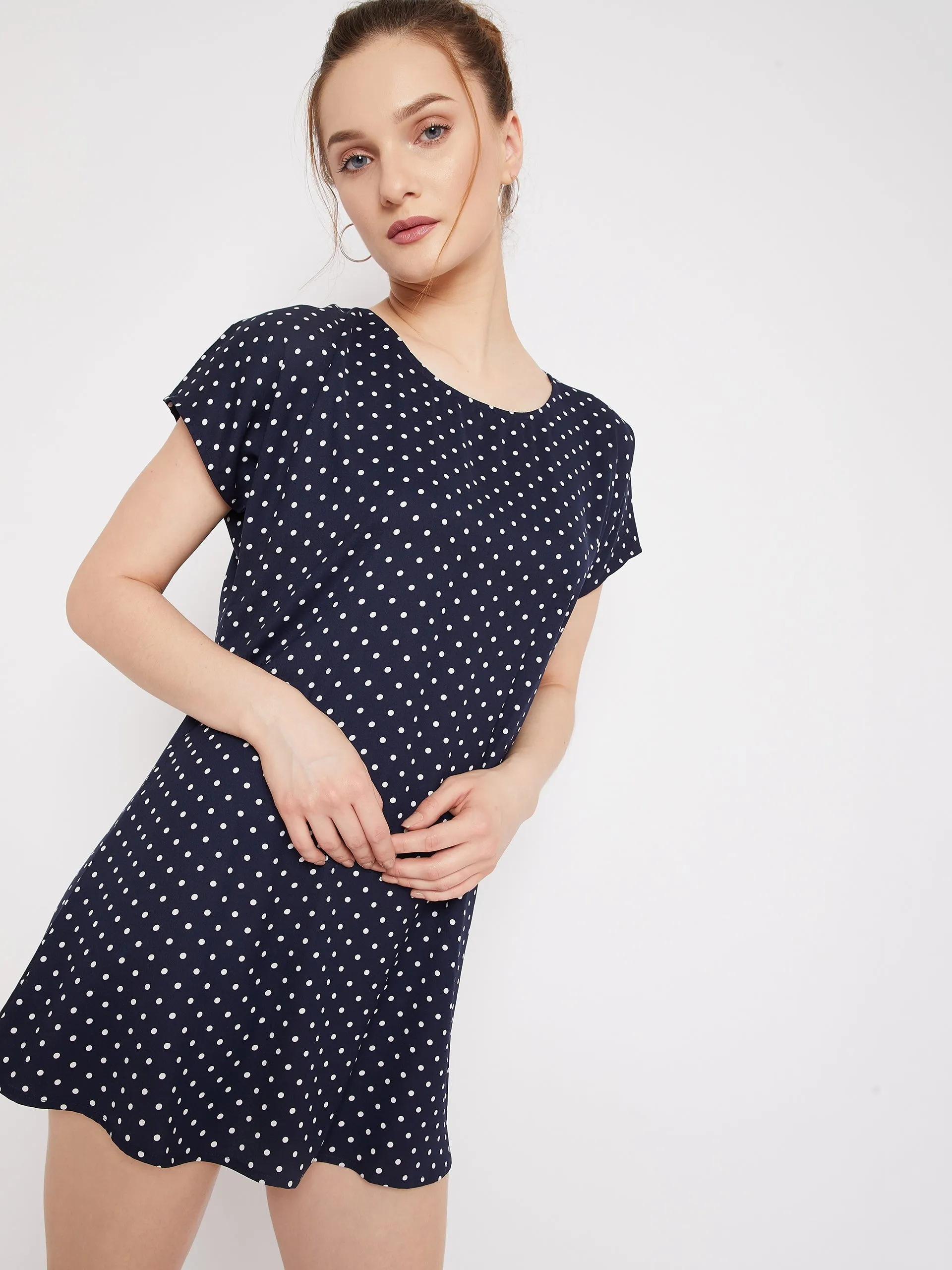 Berrylush Women Navy Blue & White Polka Dot Printed Round Neck Curved Mini T-Shirt Dress