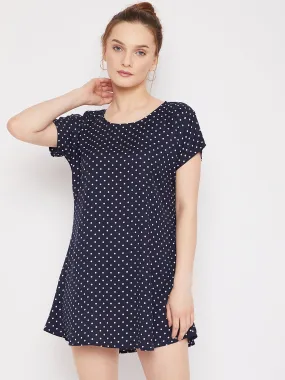 Berrylush Women Navy Blue & White Polka Dot Printed Round Neck Curved Mini T-Shirt Dress