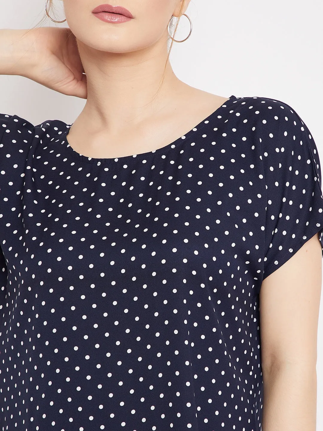 Berrylush Women Navy Blue & White Polka Dot Printed Round Neck Curved Mini T-Shirt Dress
