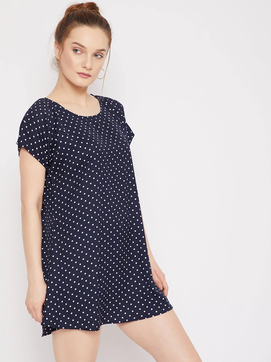 Berrylush Women Navy Blue & White Polka Dot Printed Round Neck Curved Mini T-Shirt Dress