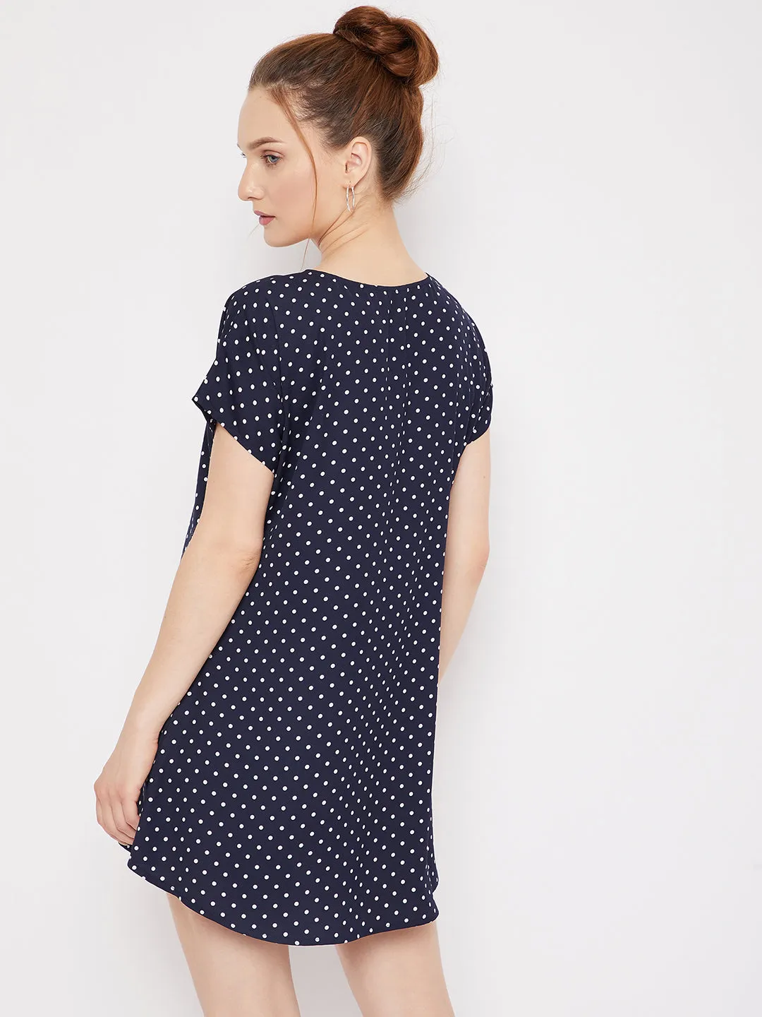 Berrylush Women Navy Blue & White Polka Dot Printed Round Neck Curved Mini T-Shirt Dress