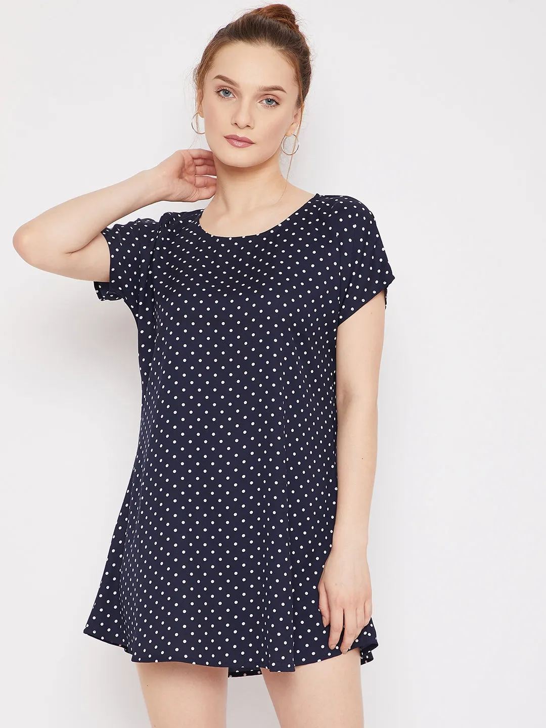 Berrylush Women Navy Blue & White Polka Dot Printed Round Neck Curved Mini T-Shirt Dress