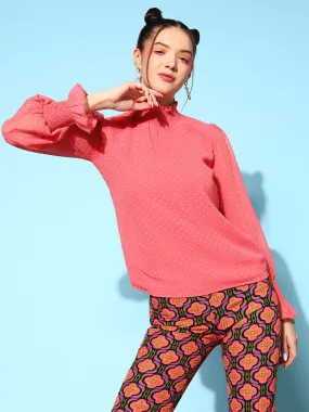 Berrylush Women Solid Pink Dobby Weave High Neck Bishop Sleeves Georgette Ruffled Regular Top