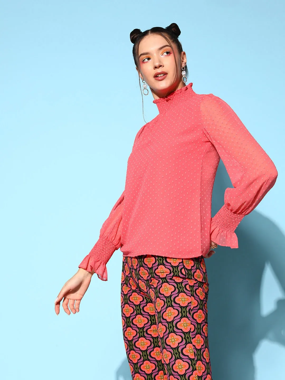 Berrylush Women Solid Pink Dobby Weave High Neck Bishop Sleeves Georgette Ruffled Regular Top