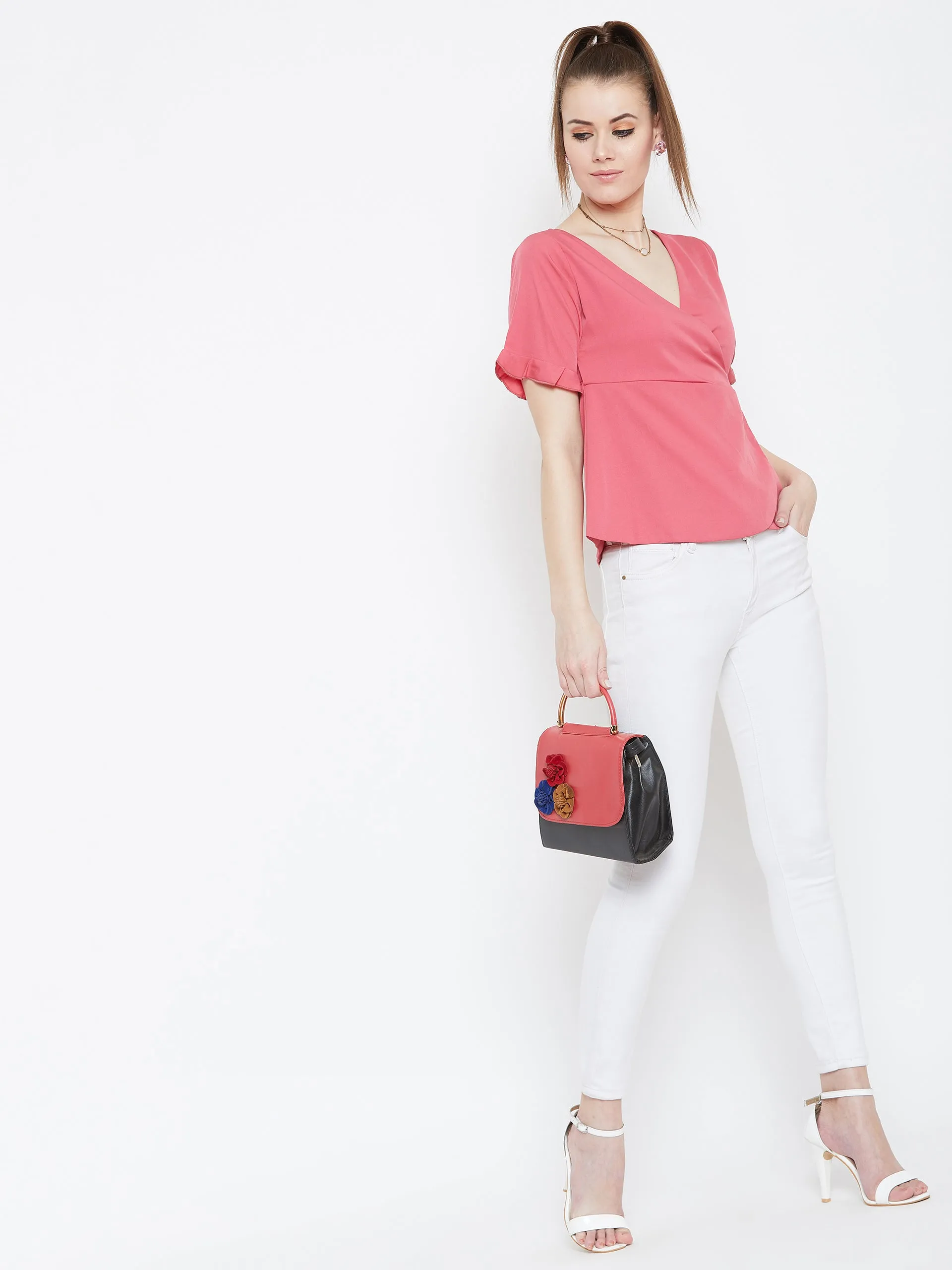 Berrylush Women Solid Pink V-Neck Crepe Back Tie-Up Knotted Wrap Top
