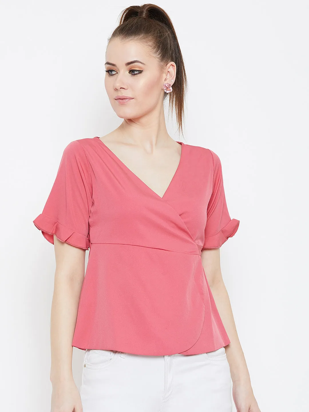 Berrylush Women Solid Pink V-Neck Crepe Back Tie-Up Knotted Wrap Top