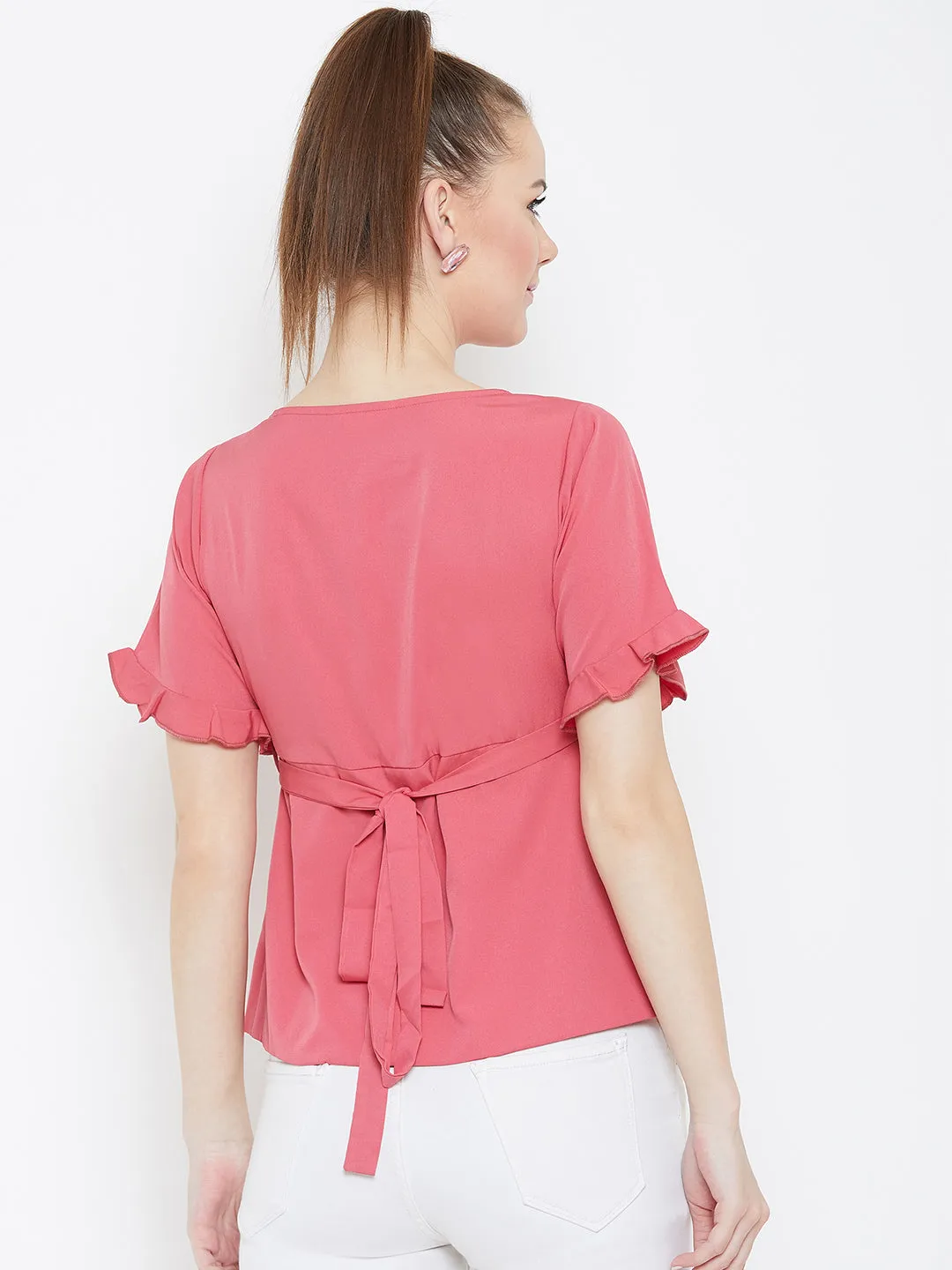 Berrylush Women Solid Pink V-Neck Crepe Back Tie-Up Knotted Wrap Top
