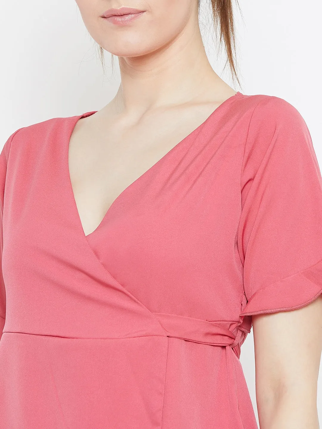 Berrylush Women Solid Pink V-Neck Crepe Back Tie-Up Knotted Wrap Top