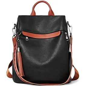 BROMEN Backpack Purse for Women Leather Anti-theft Travel Backpack Fashion Shoulder Bag Contrast Black