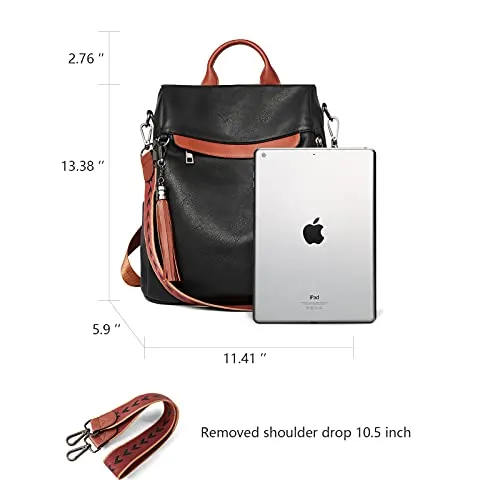 BROMEN Backpack Purse for Women Leather Anti-theft Travel Backpack Fashion Shoulder Bag Contrast Black