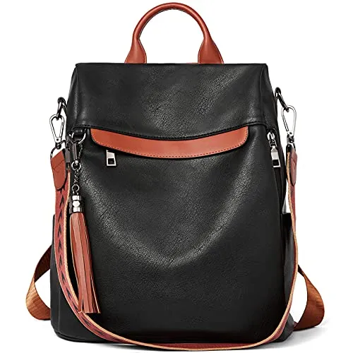 BROMEN Backpack Purse for Women Leather Anti-theft Travel Backpack Fashion Shoulder Bag Contrast Black