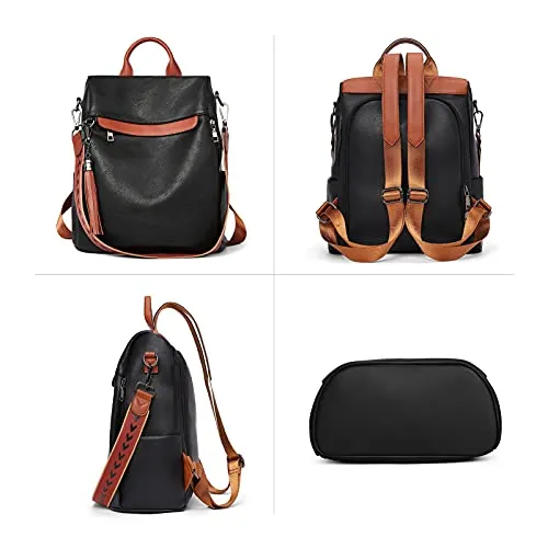BROMEN Backpack Purse for Women Leather Anti-theft Travel Backpack Fashion Shoulder Bag Contrast Black