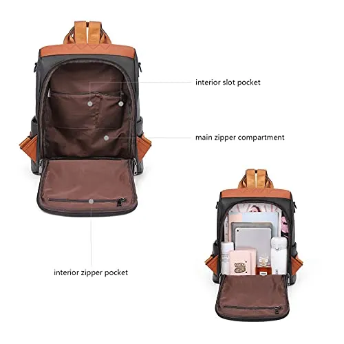 BROMEN Backpack Purse for Women Leather Anti-theft Travel Backpack Fashion Shoulder Bag Contrast Black