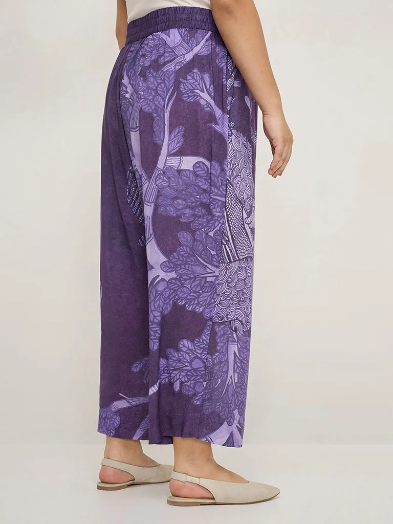 Diza Purple Botanical Printed High-Rise Ethnic Pants