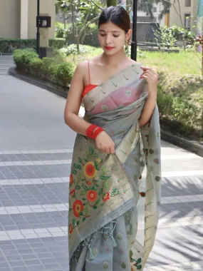 Grey Saree in Paithani Organza Silk