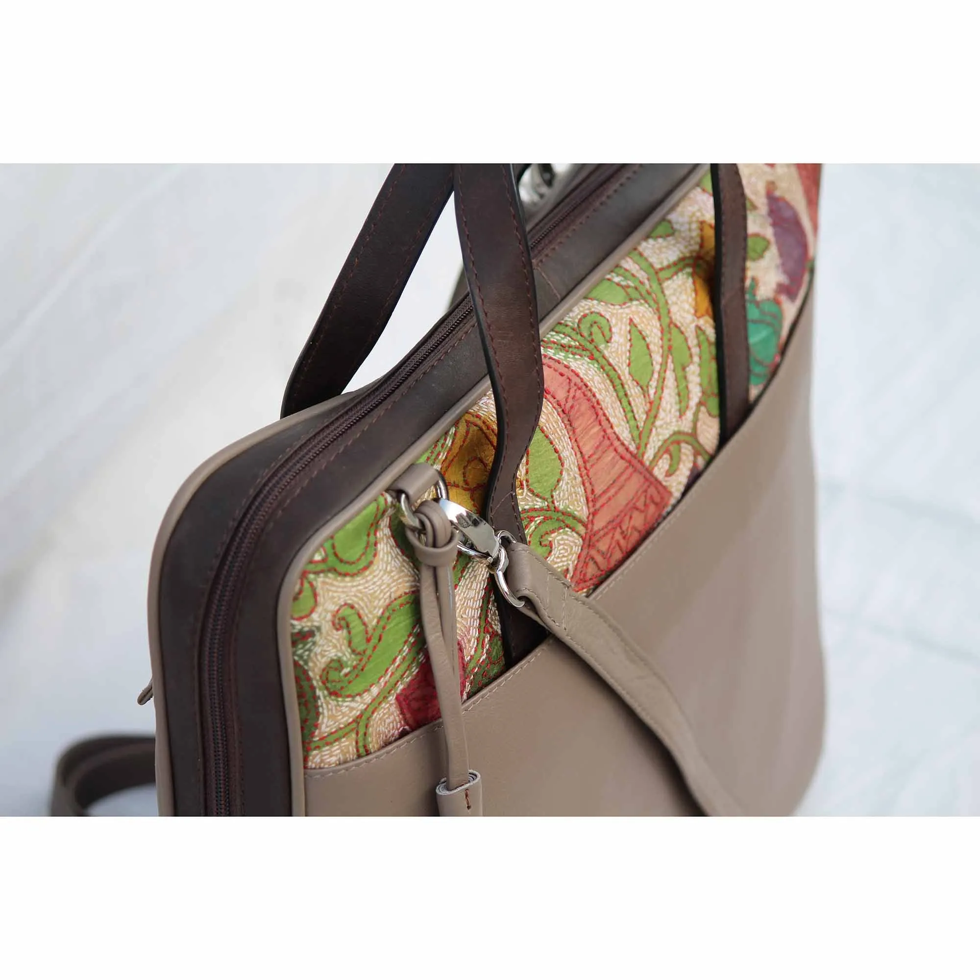 Leather Embroidery Laptop Bag - Creme and Brown