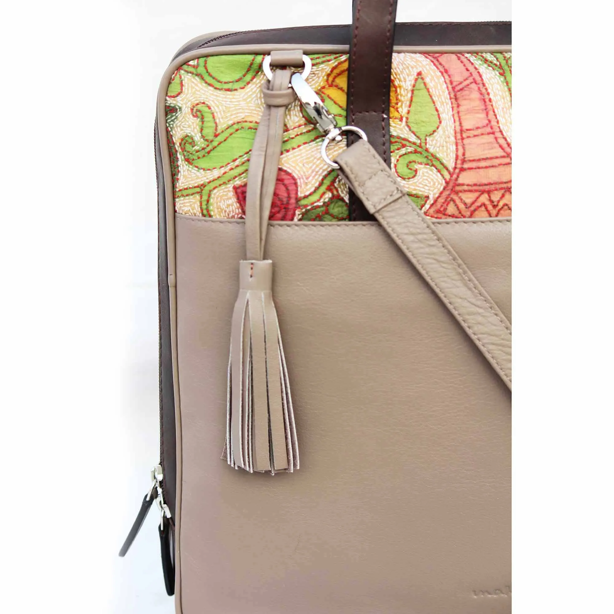 Leather Embroidery Laptop Bag - Creme and Brown