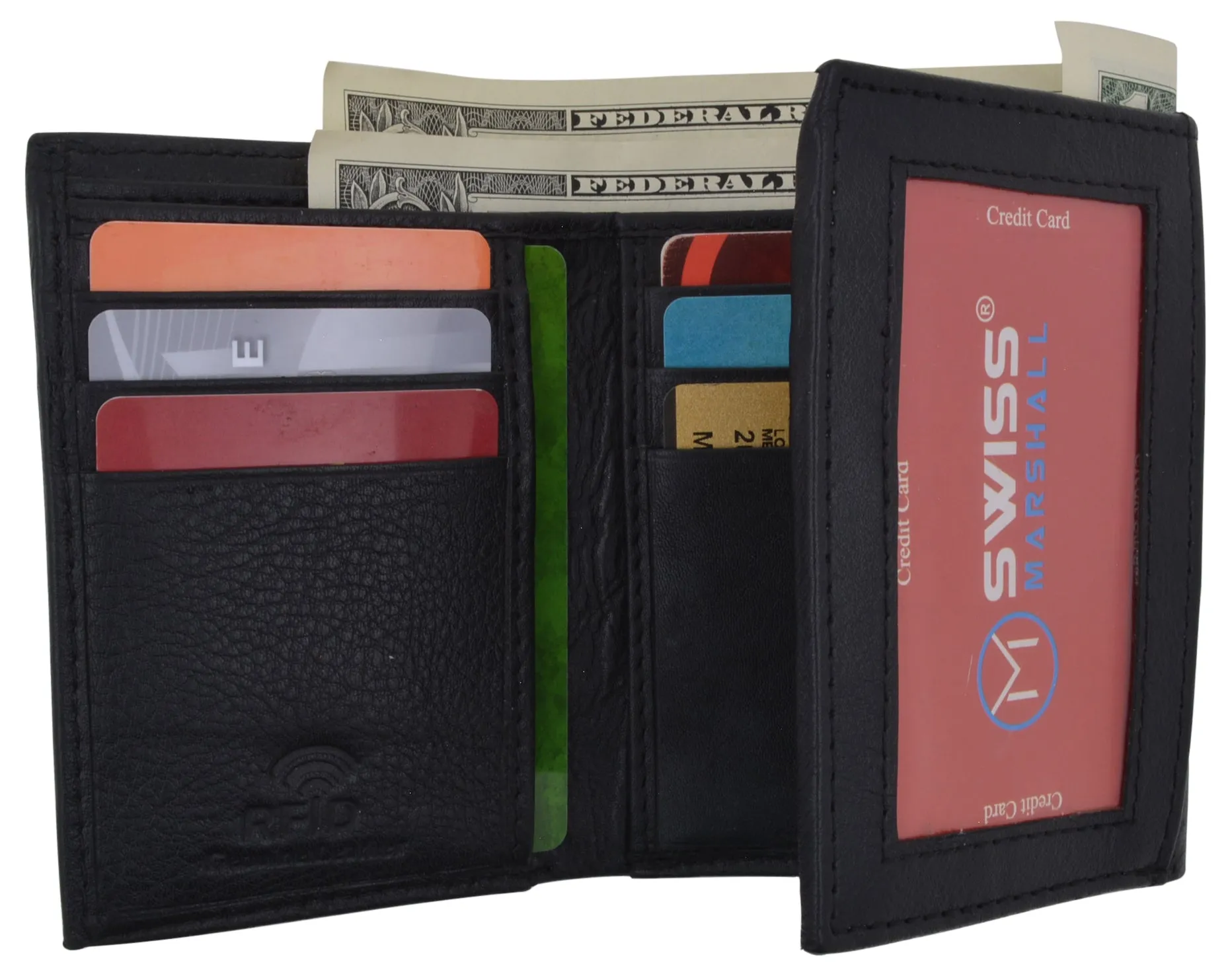 Leather RFID Blocking Trifold Credit Card Mens Wallet W/Outside ID Window & Box