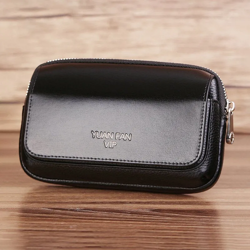 Men Horizontal First Layer Cowhide Large Capacity Waist Bag 6.5 Inch Phone Belt