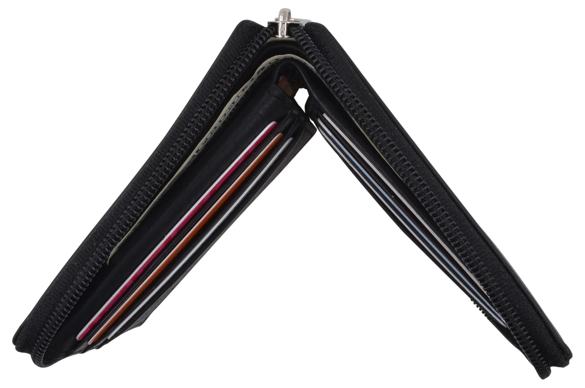 Men's Zipper RFID Blocking Premium Leather Zip-Around Credit Card ID Bifold Black Wallet Box