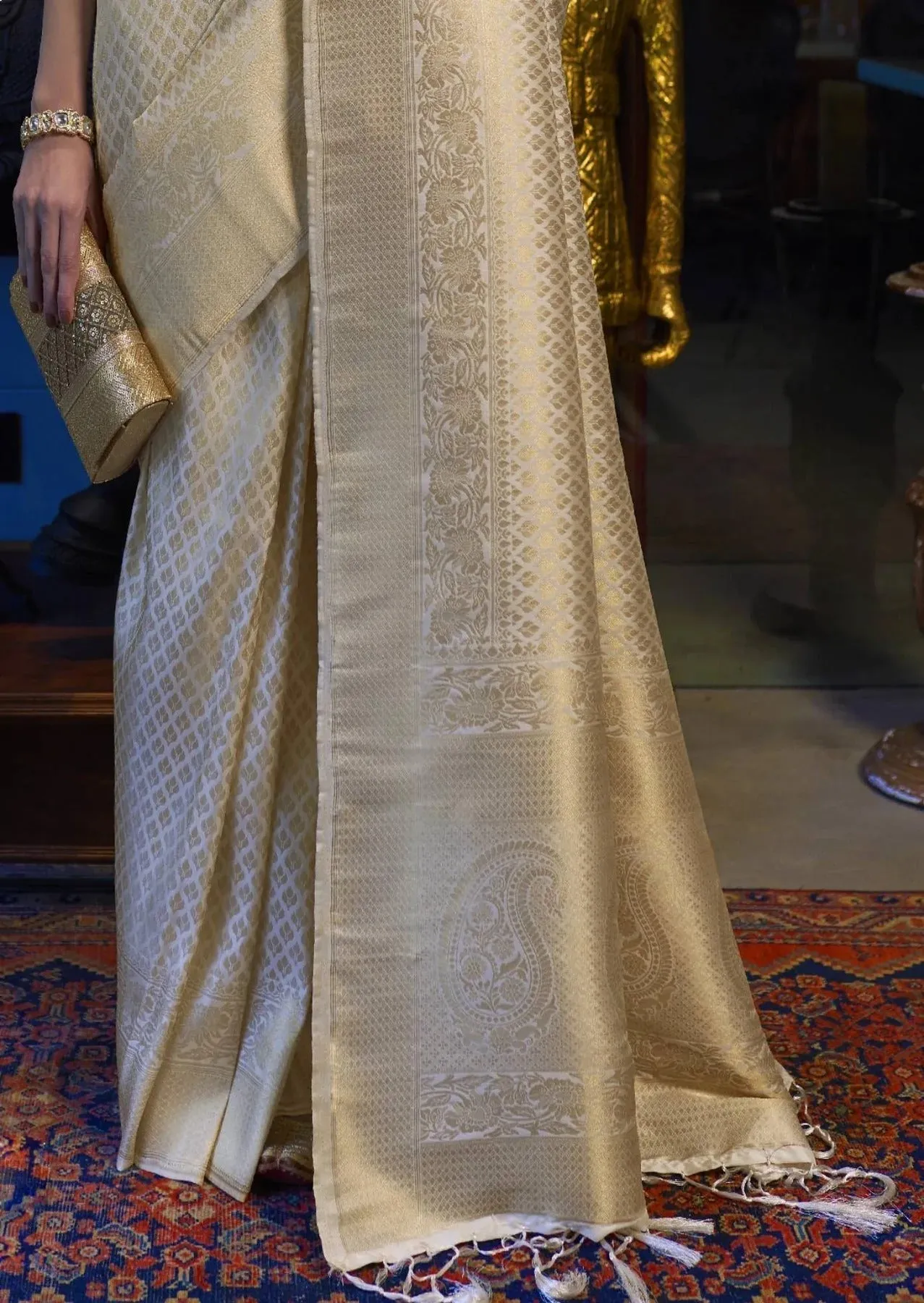 Mesmerising Beige Kanjivaram Silk Saree With Demure Blouse Piece