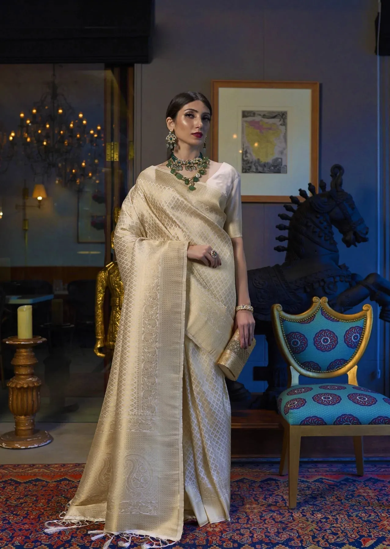 Mesmerising Beige Kanjivaram Silk Saree With Demure Blouse Piece