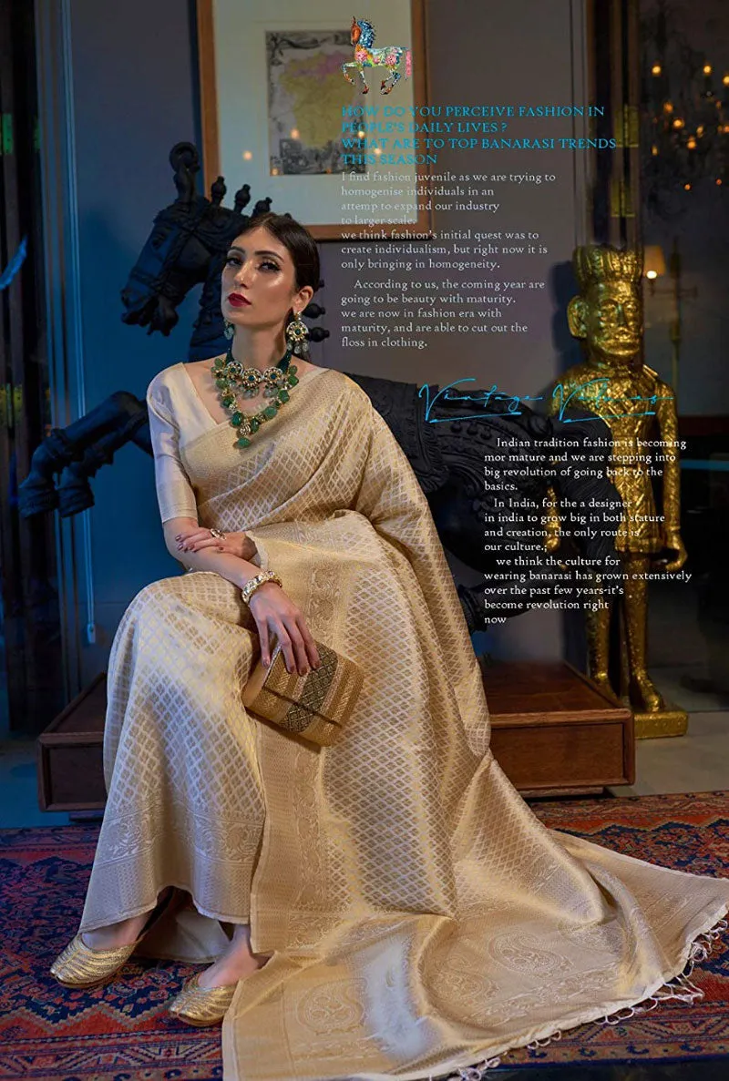 Mesmerising Beige Kanjivaram Silk Saree With Demure Blouse Piece