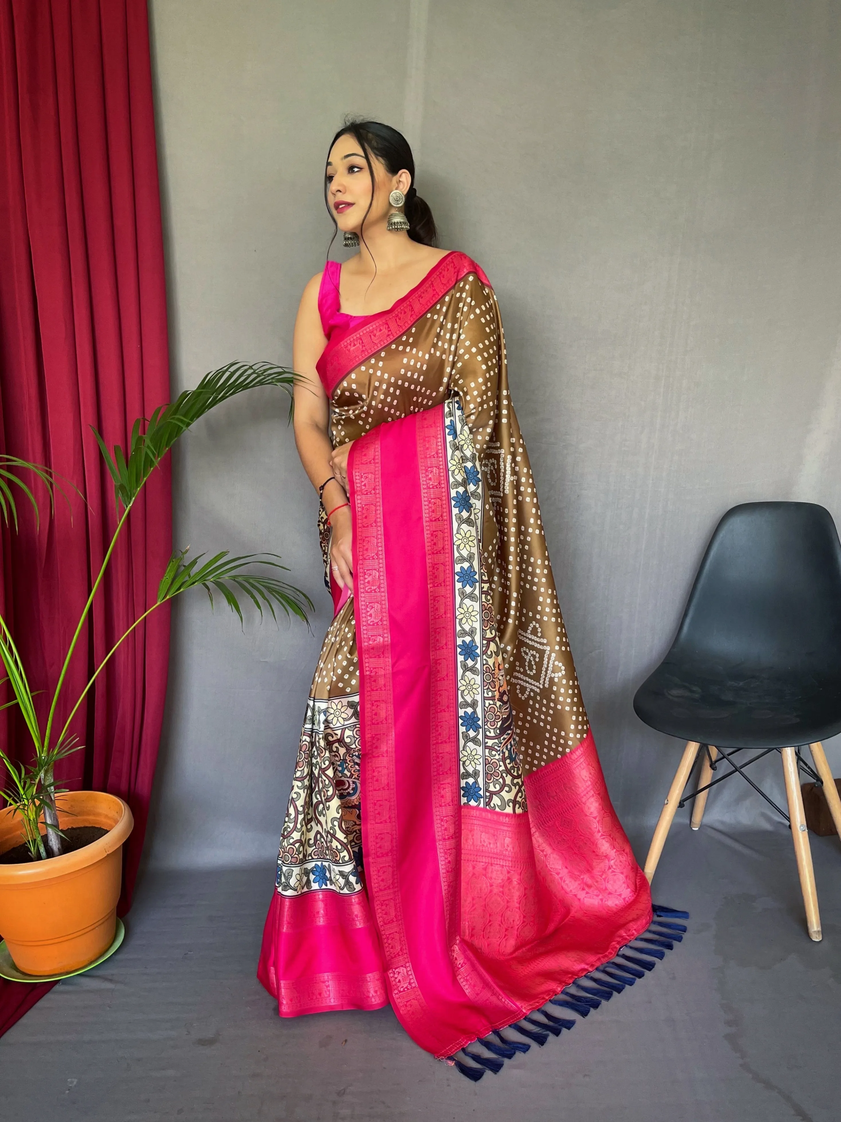 Muddy Saree in Bandhej Kalamkari Print