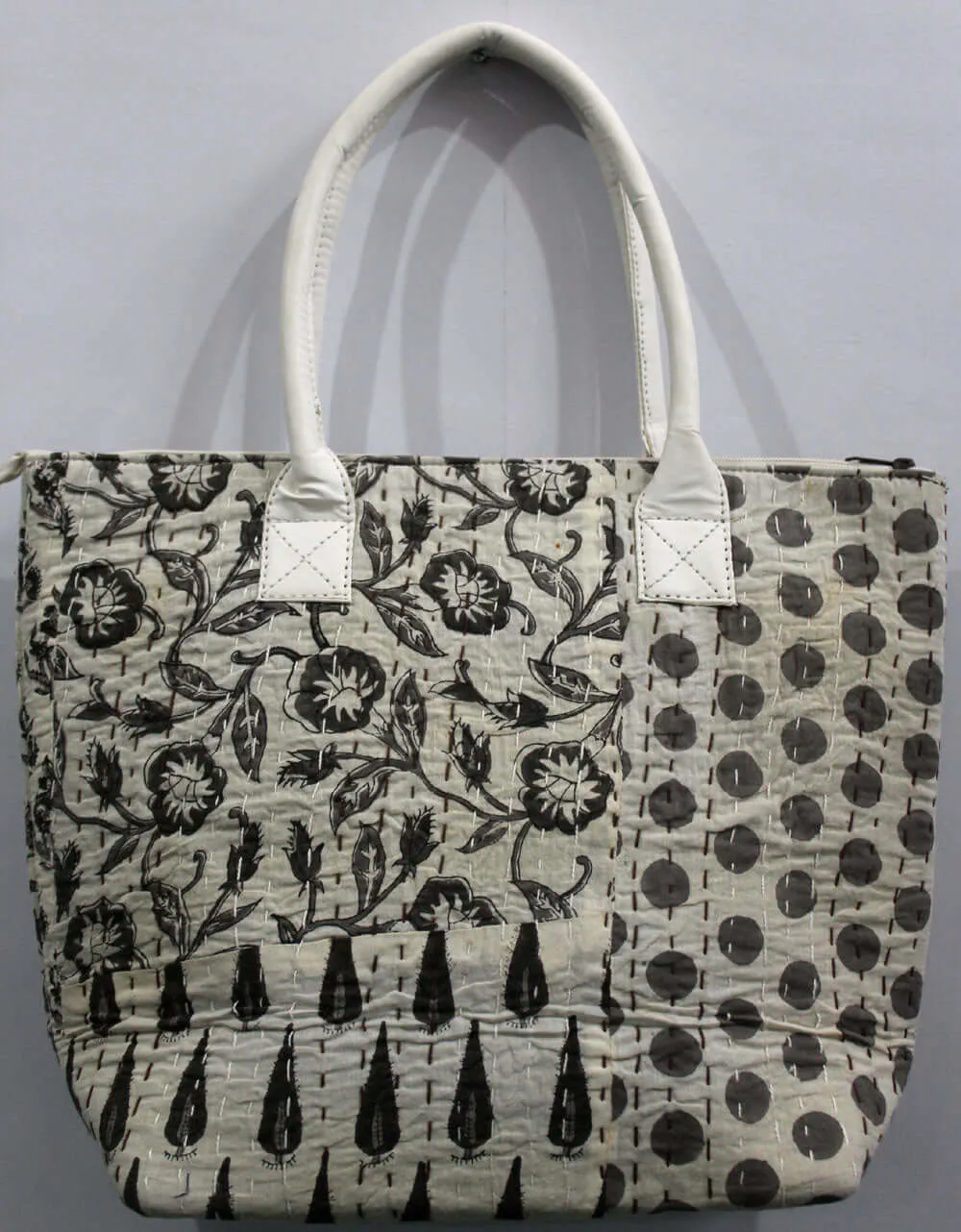 Patchwork White Kantha Designer Tote Bag Hand Stitch Shopping Bag