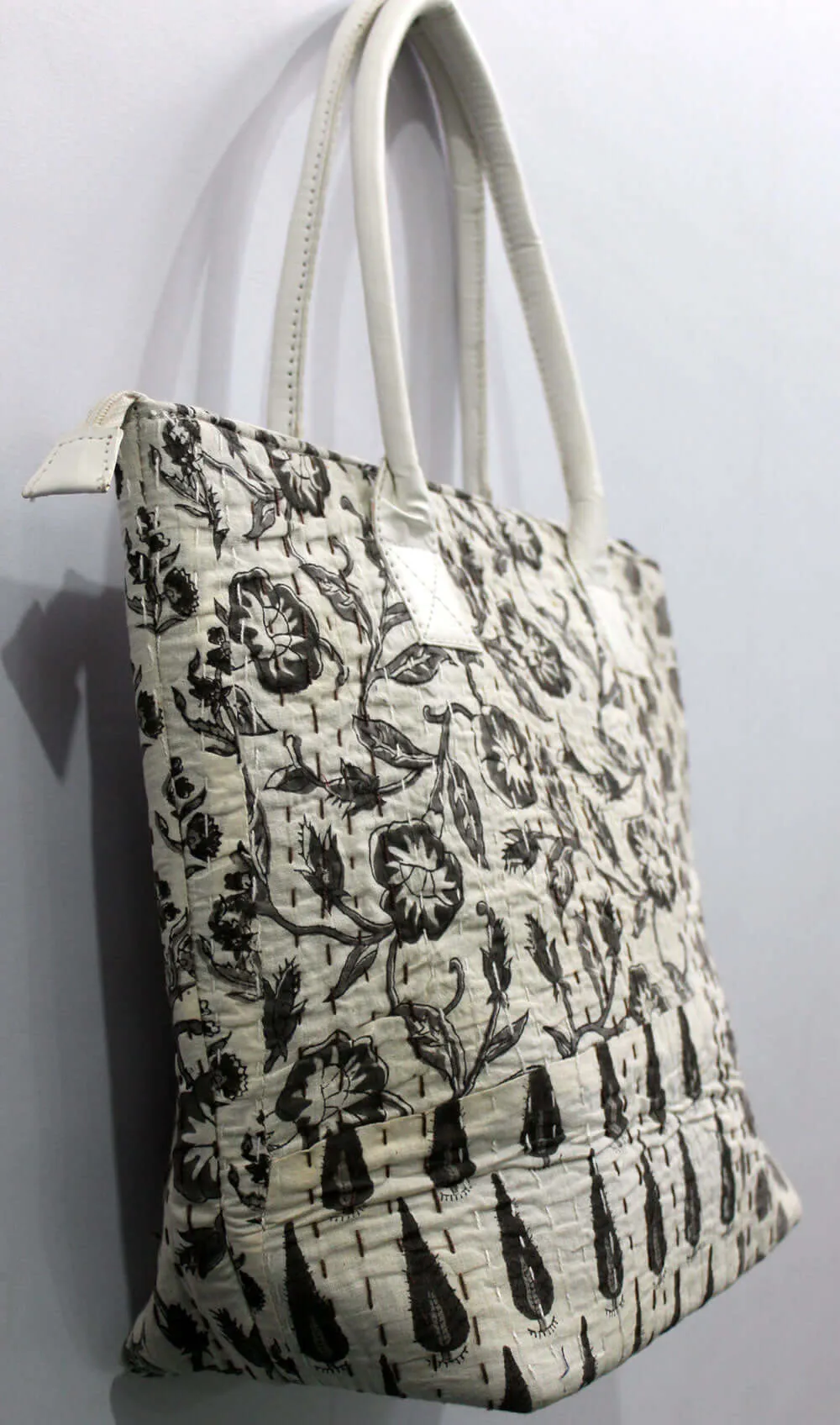 Patchwork White Kantha Designer Tote Bag Hand Stitch Shopping Bag