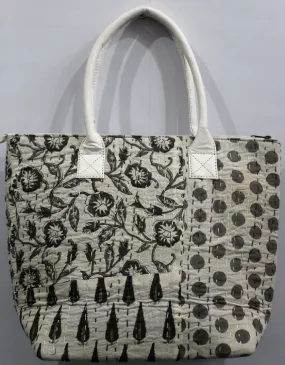 Patchwork White Kantha Designer Tote Bag Hand Stitch Shopping Bag