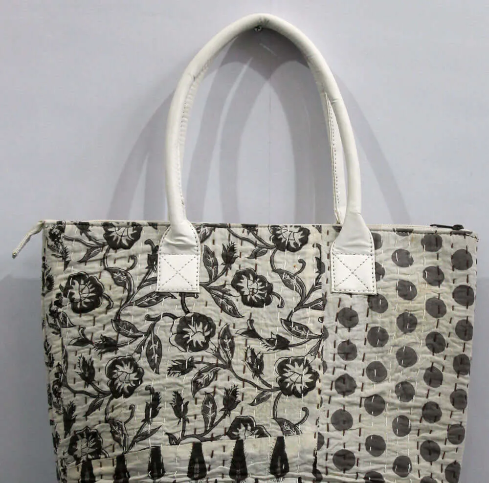 Patchwork White Kantha Designer Tote Bag Hand Stitch Shopping Bag