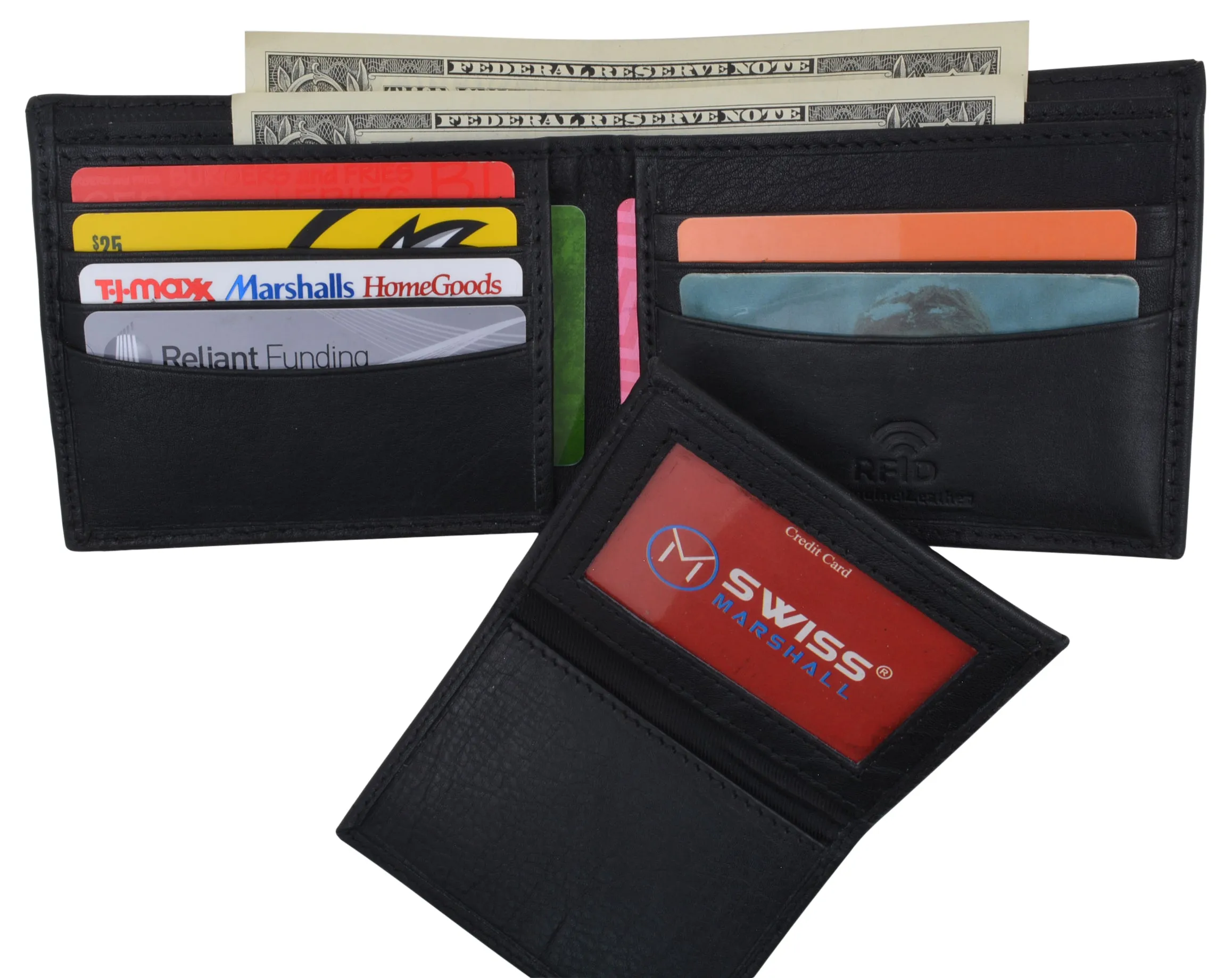 RFID Blocking Mens Premium Leather Credit Card Bifold Wallet W/ Removable ID Holder