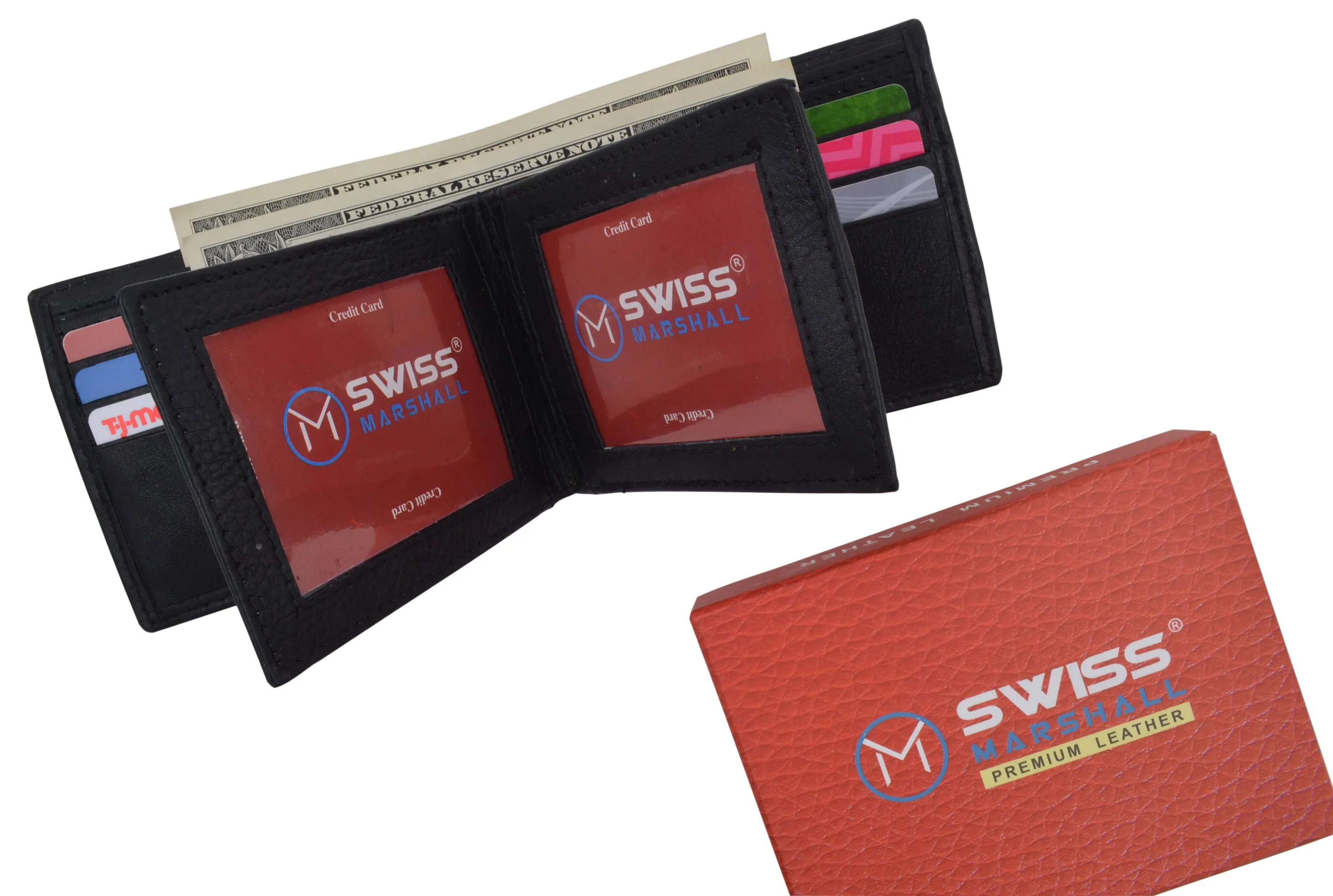 RFID Blocking Premium  Leather Black Men's Multi Card ID Holder Bifold Wallet with Gift Box