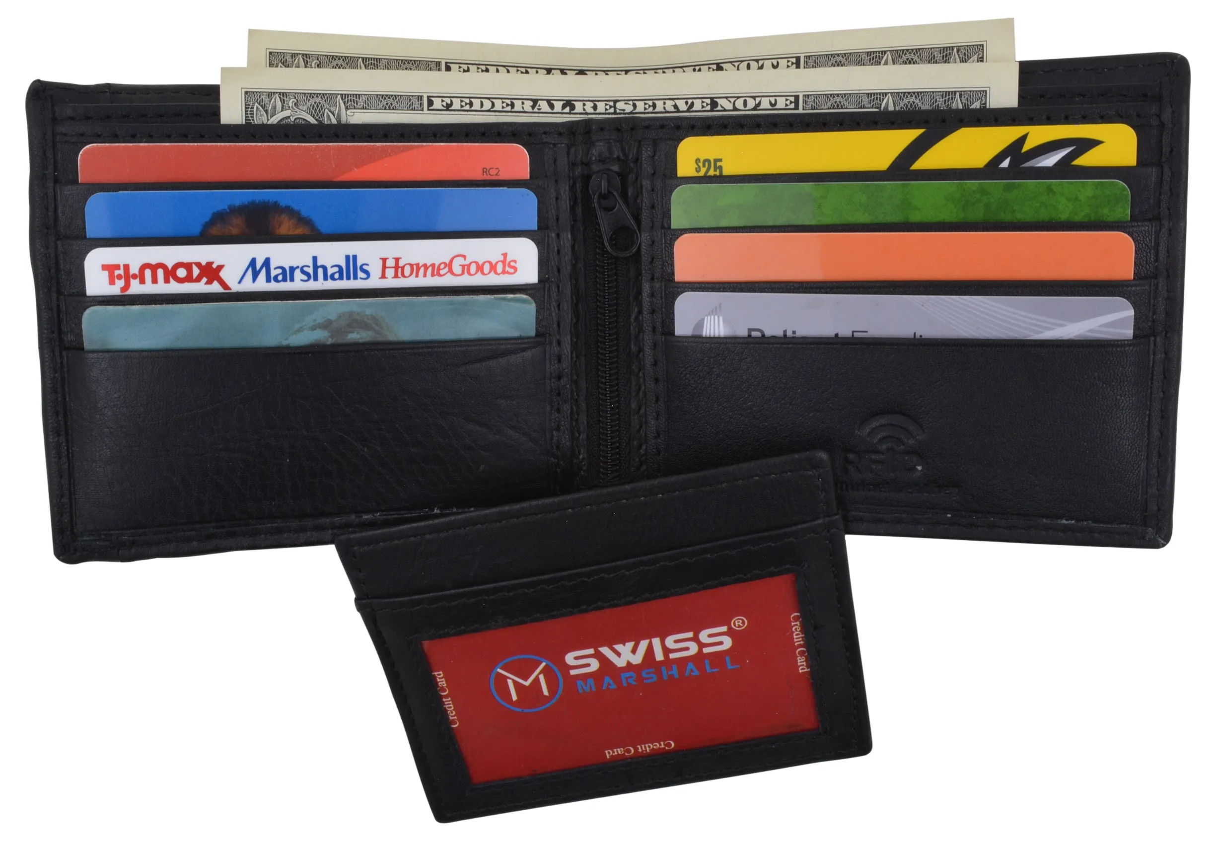 RFID Tested Premium Leather Black Bifold Wallet With Removable Front Card ID Holder