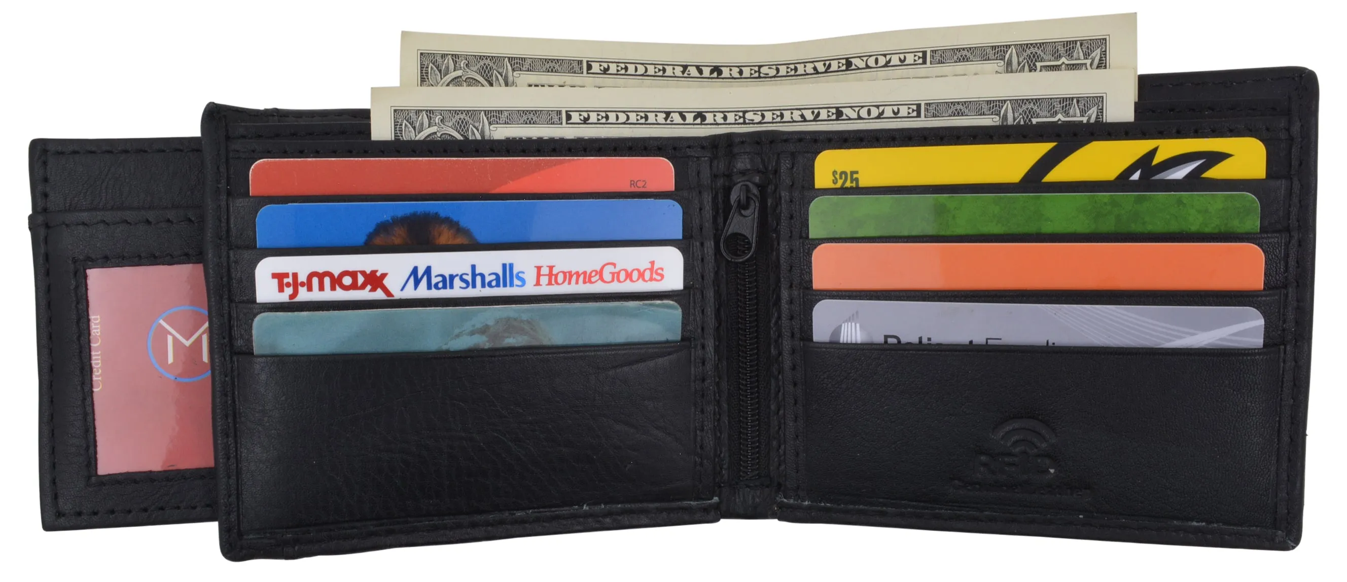 RFID Tested Premium Leather Black Bifold Wallet With Removable Front Card ID Holder