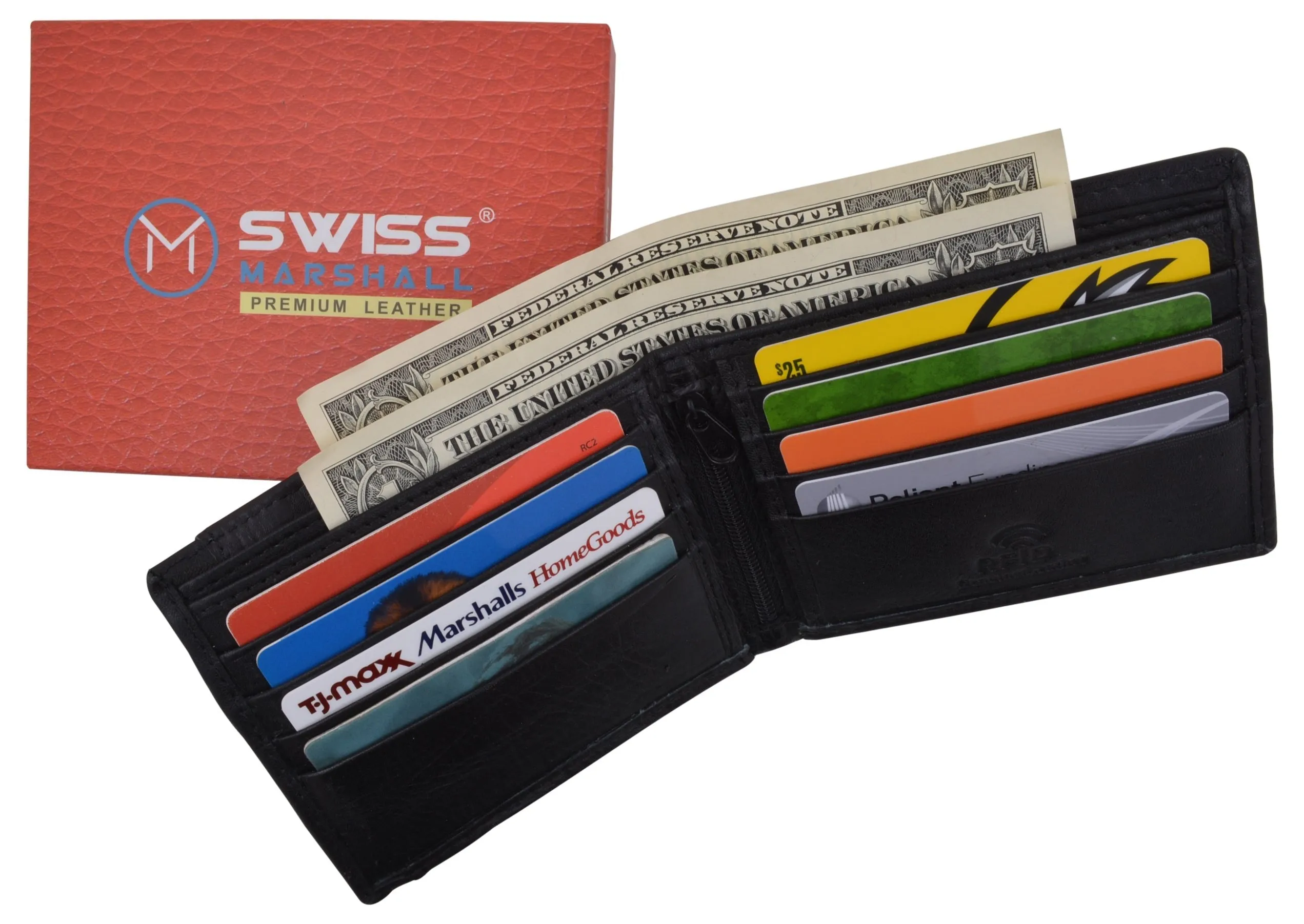 RFID Tested Premium Leather Black Bifold Wallet With Removable Front Card ID Holder