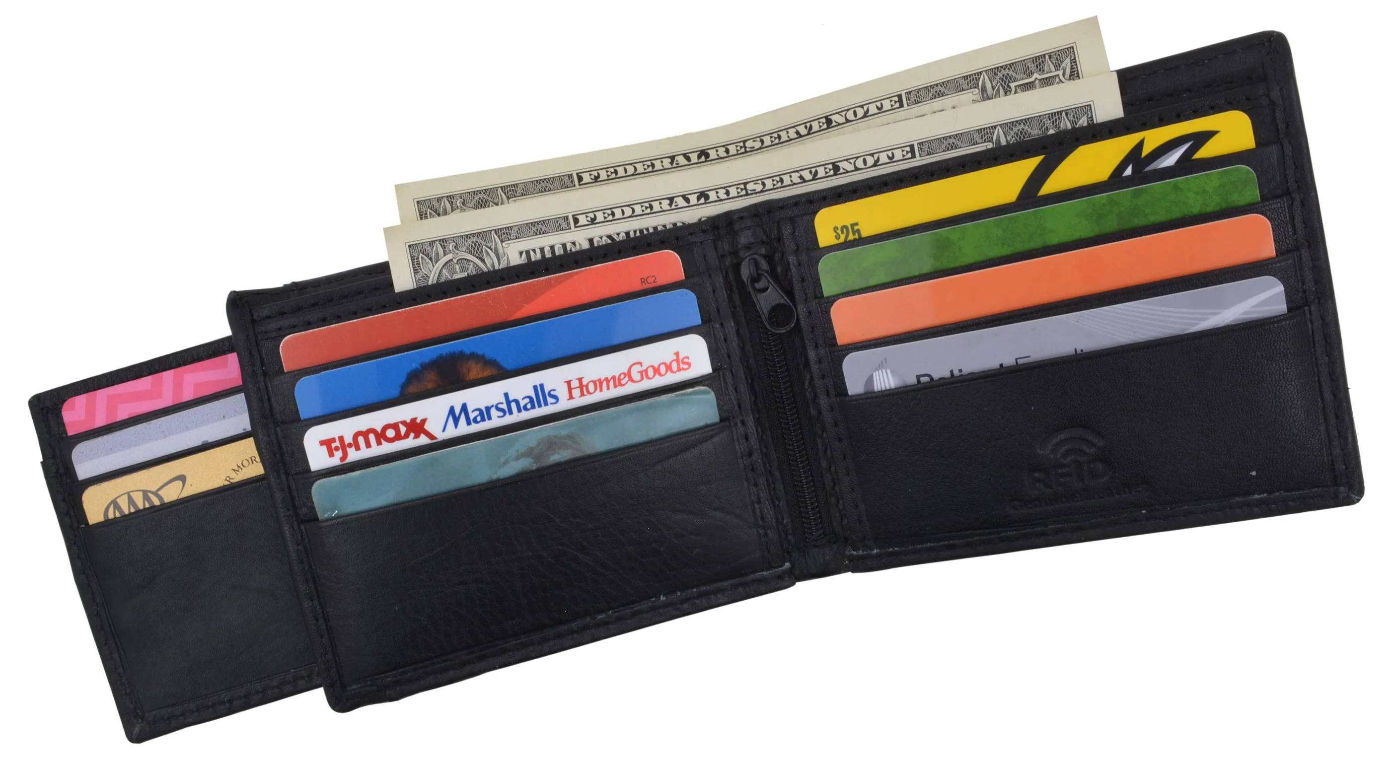 RFID Tested Premium Leather Black Bifold Wallet With Removable Front Card ID Holder