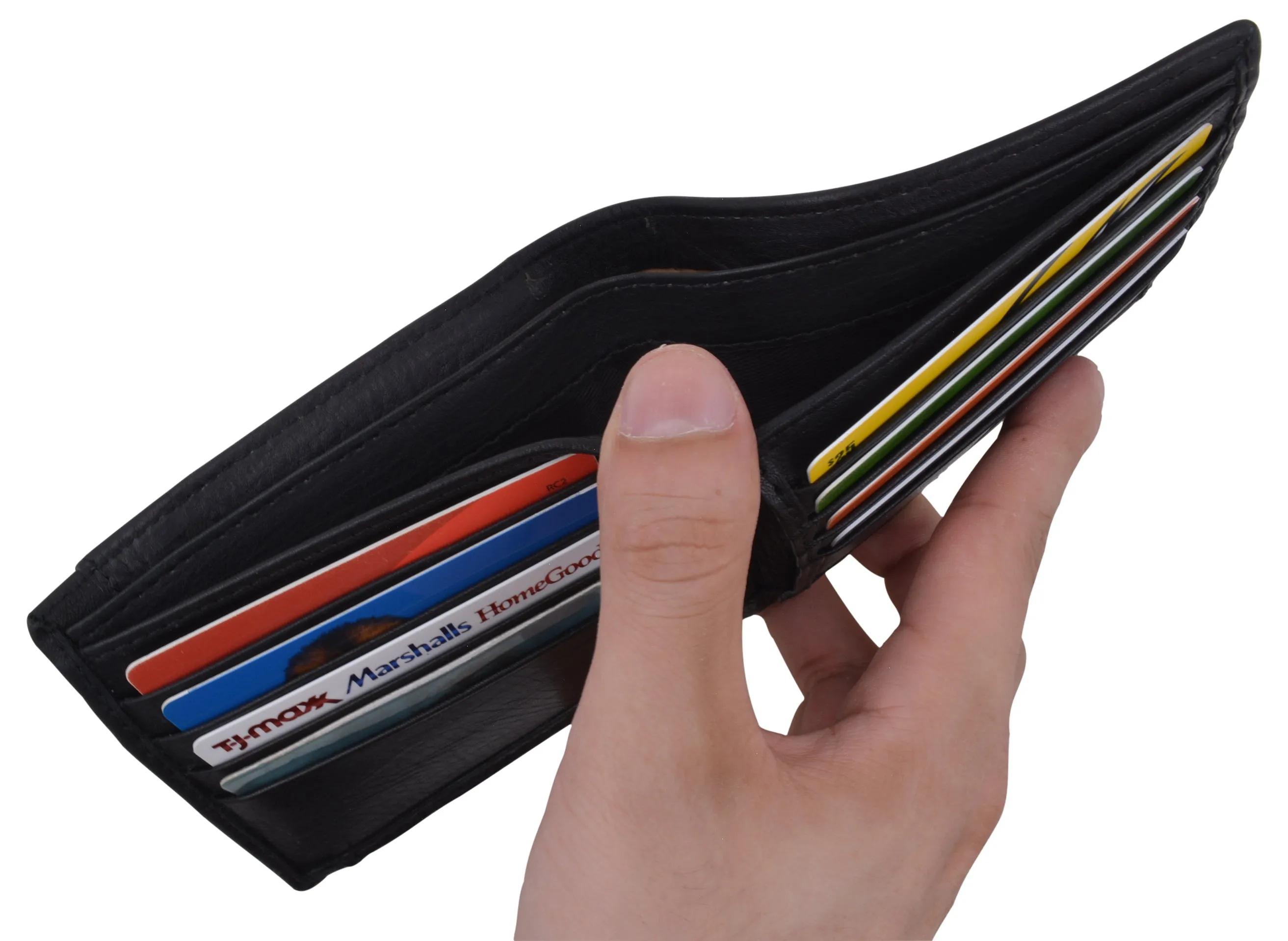 RFID Tested Premium Leather Black Bifold Wallet With Removable Front Card ID Holder