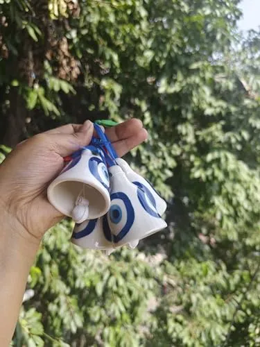 Shopping Shots Ceramic Bell 2 Pieces Evil Eye Printed for Wall hangings, Wind chymes, Entry Gates, Home Decor, for puja, for Gardens.