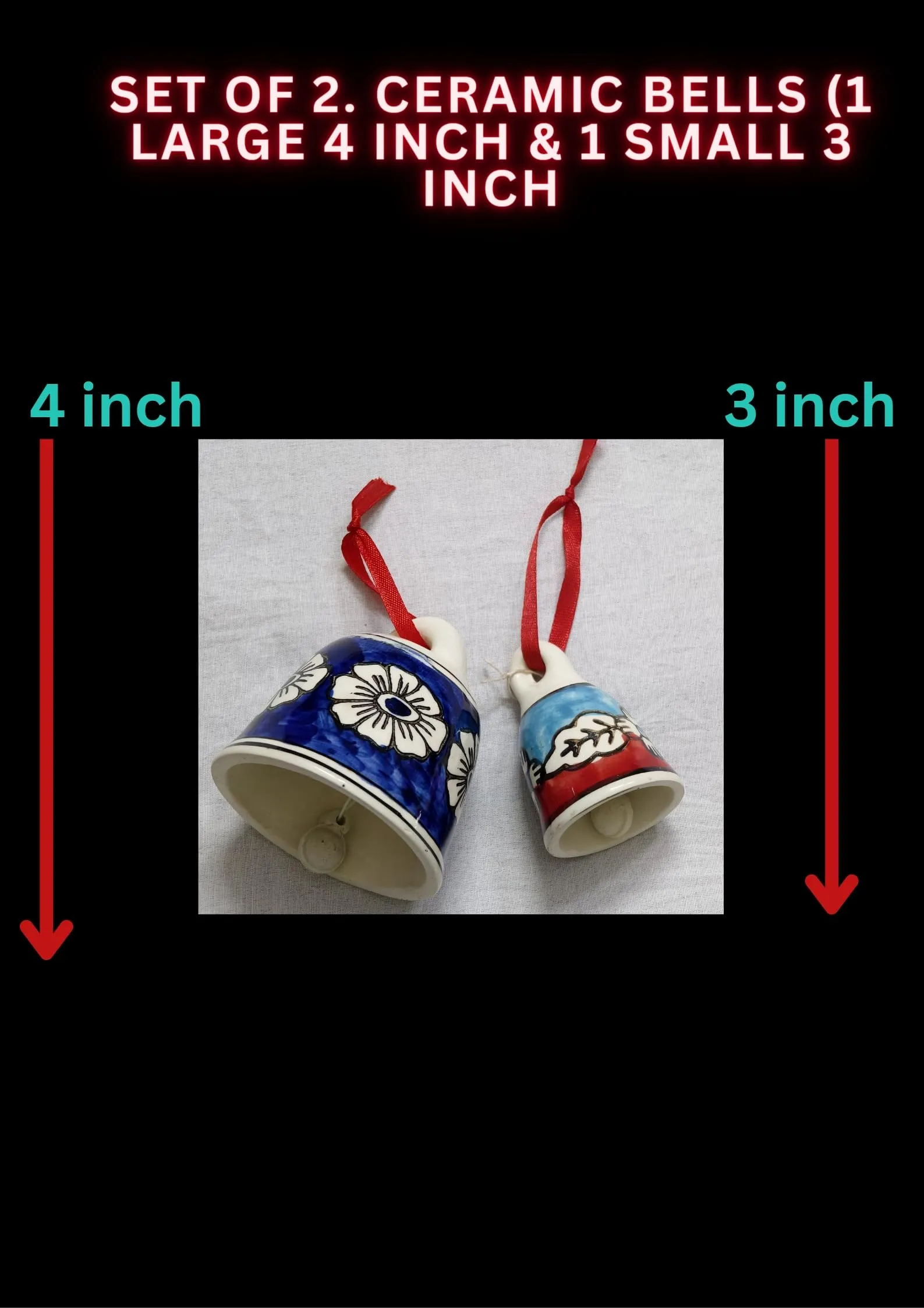 Shopping Shots Set of 2 Ceramic Bells (1 Large, Height 4 inch & 1 Small, Height 3 inch) for mandir aarti pujan, Wall hangings, Wind chymes, Entry Gates, Home Decor, for puja, for Gifting.