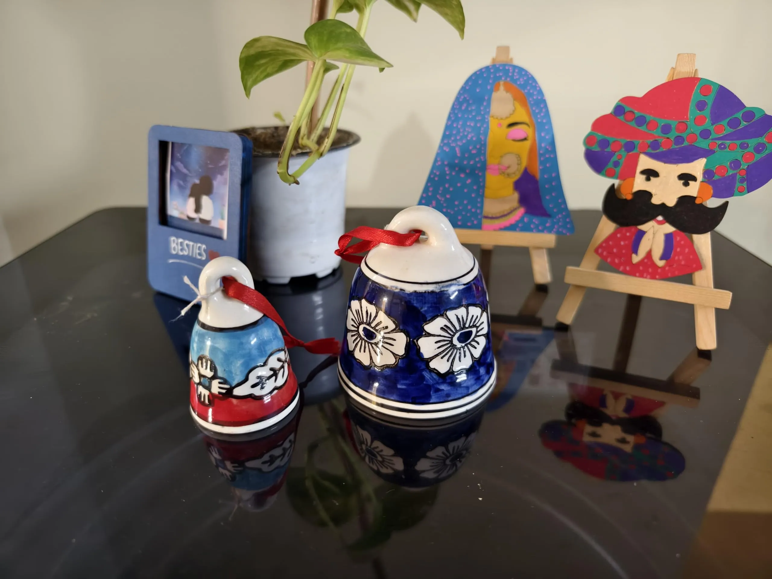 Shopping Shots Set of 2 Ceramic Bells (1 Large, Height 4 inch & 1 Small, Height 3 inch) for mandir aarti pujan, Wall hangings, Wind chymes, Entry Gates, Home Decor, for puja, for Gifting.